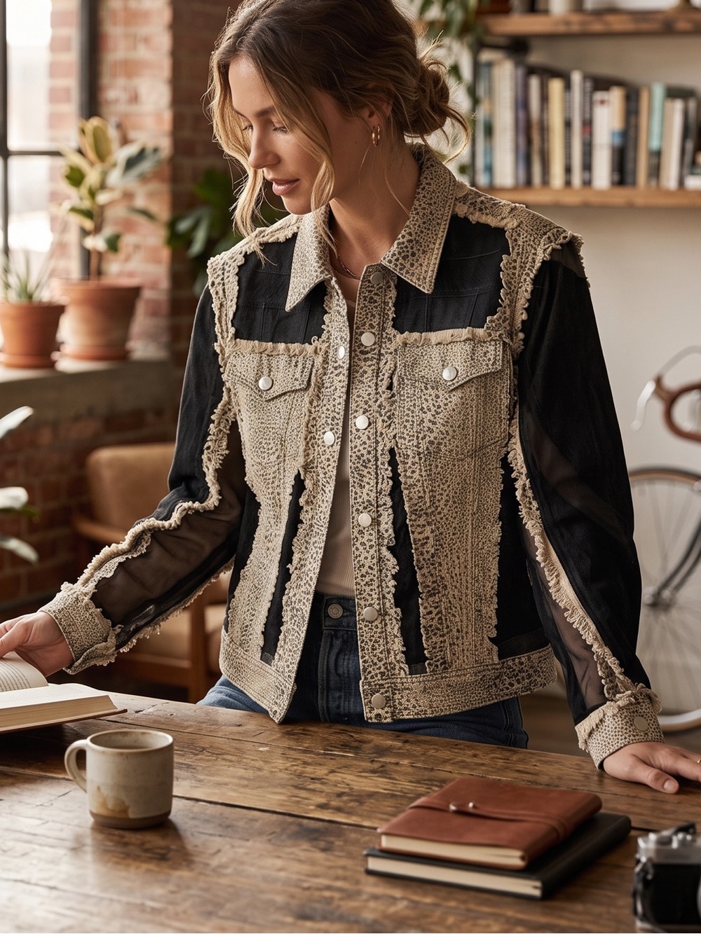 Adore Cheetah Denim Jacket with Sheer Panels Size Small